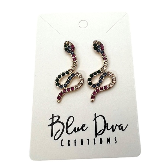 GOLD Rhinestone Crystal Snake Post Earrings - Picture 7 of 8